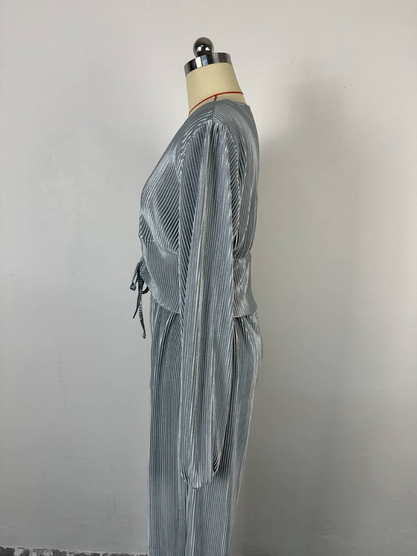 Women's Autumn Fashion V-Neck Puff Sleeve Top Wide Leg Trousers Casual Two Piece Set 13