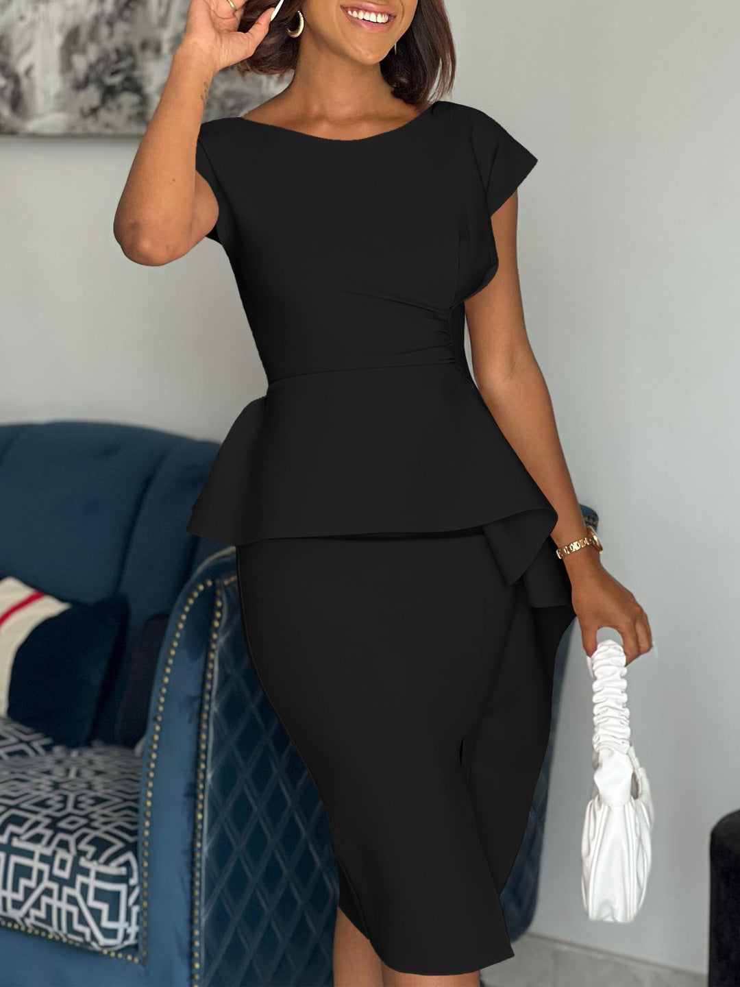 Plus Size Women Round Neck Solid Short Sleeve Slit Dress 6