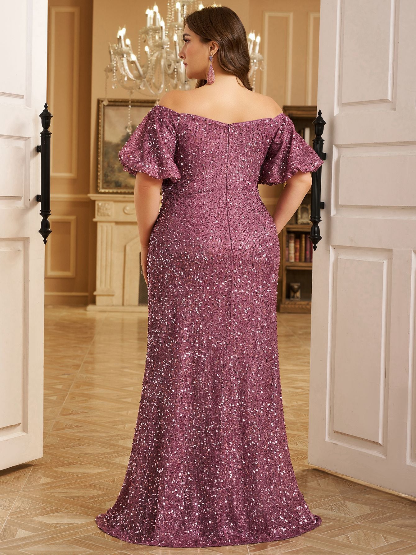 Women Off Shoulder Sequin Bodycon Slit Evening Dress 3