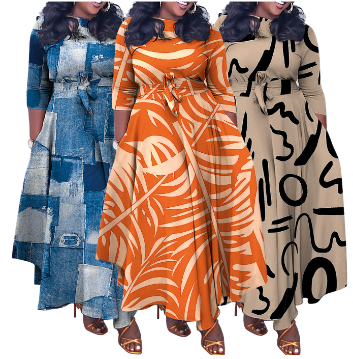 Women's Autumn and Winter Fashion Chic Strappy African Plus Size Maxi Dress
