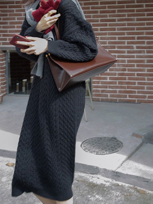 Autumn and winter v-neck retro style twist embossed pullover sweater Casual Knitting Basic dress for women 7