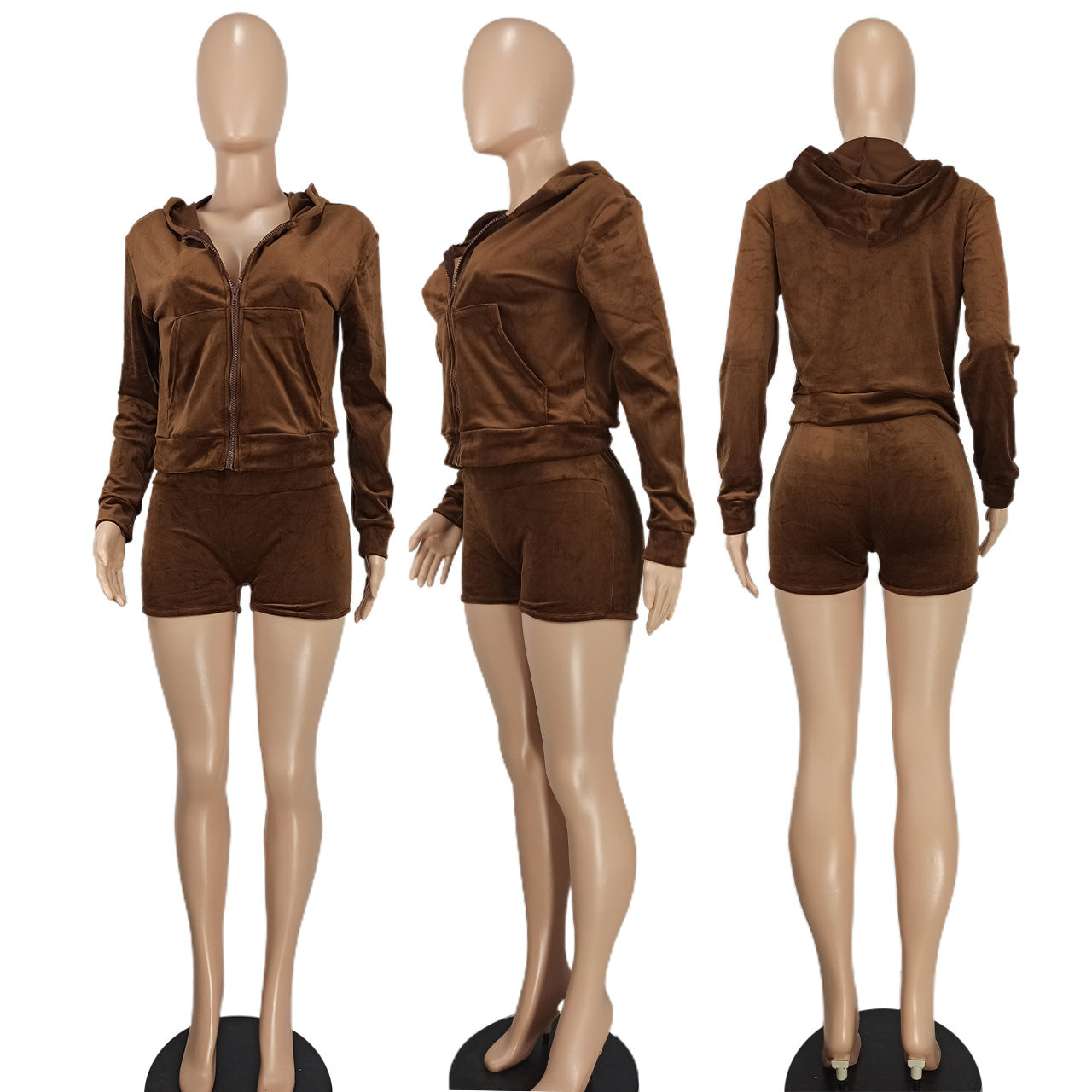 Women's Fashion Casual Solid Velvet Hooded Two-Piece Shorts Set 21
