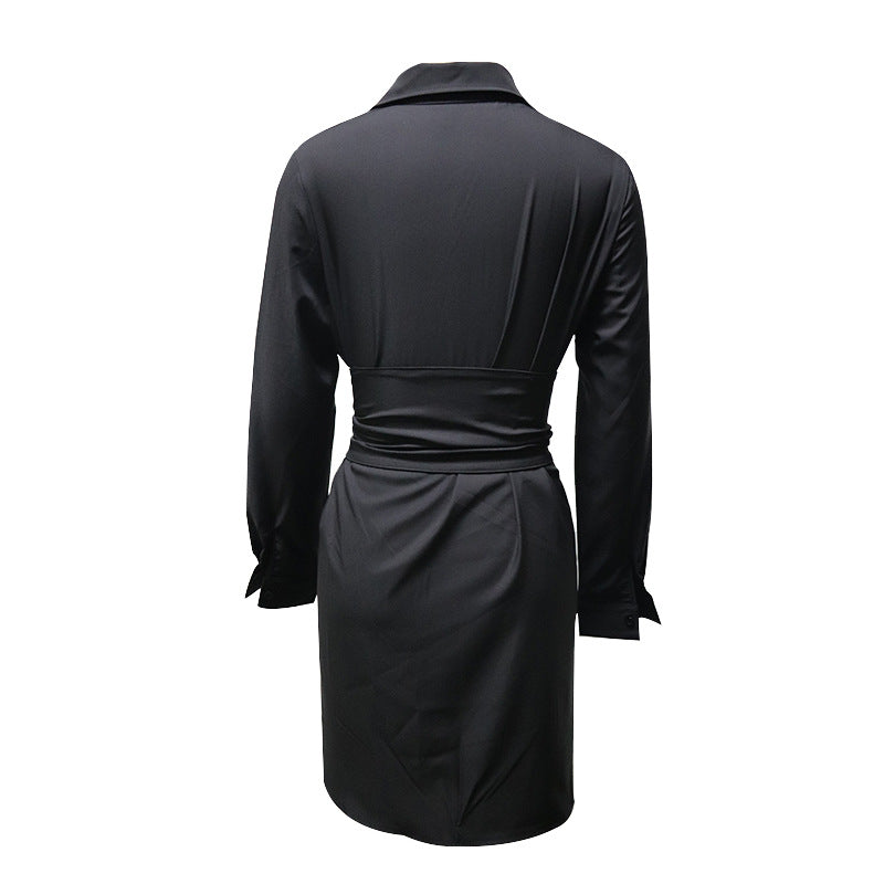 Women Turndown Collar Long Sleeve Solid Dress 11