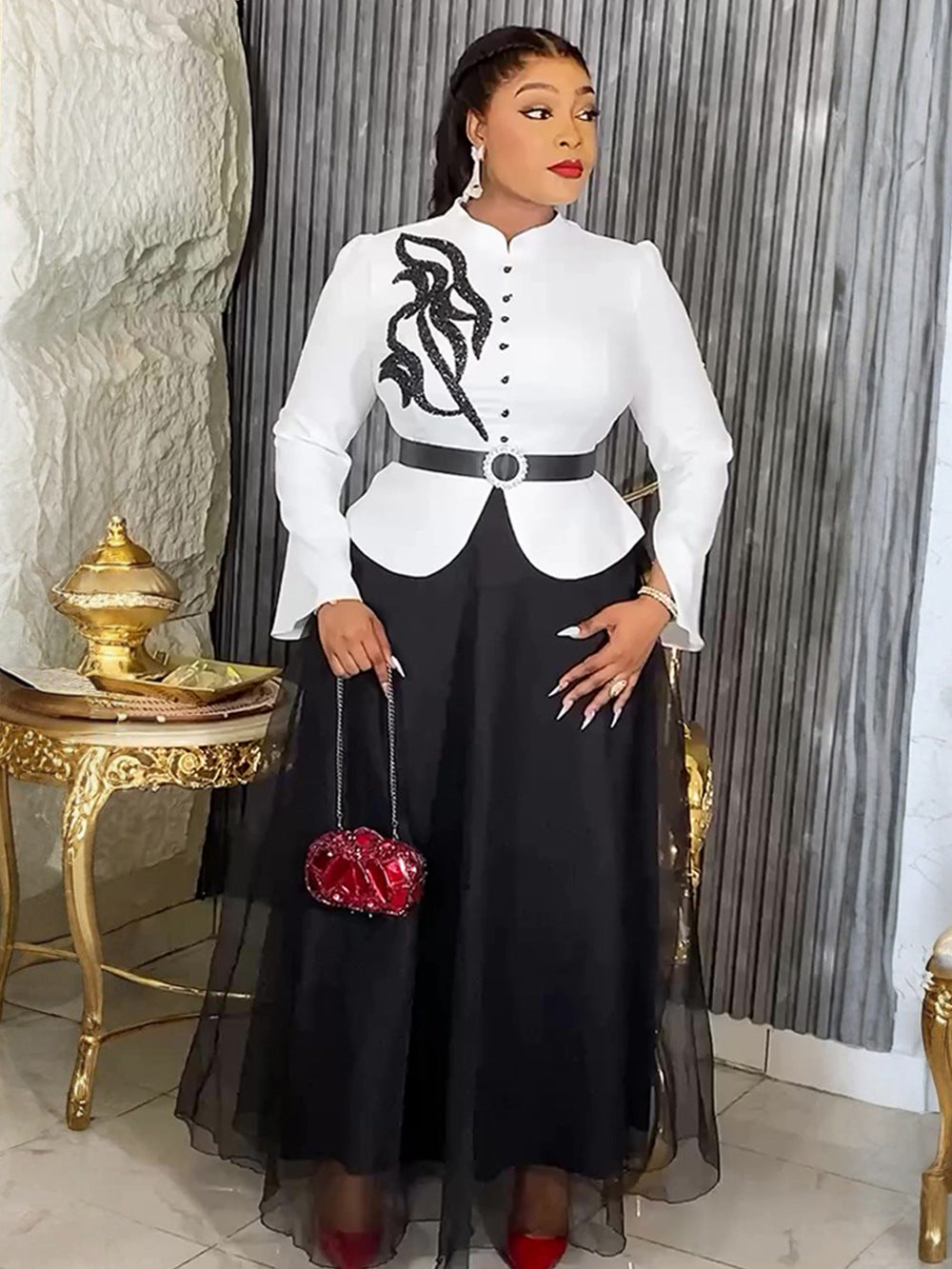 Women long-sleeved button fake two-piece Beaded dress 4