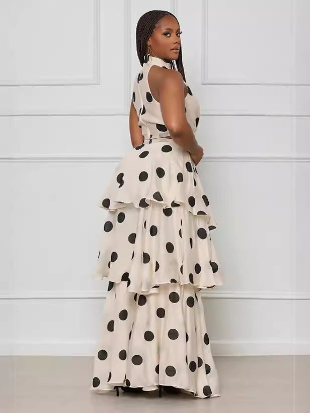 Women's Halter Neck Polka Dot High Waist Ruffle Fashion Skirt Set 3