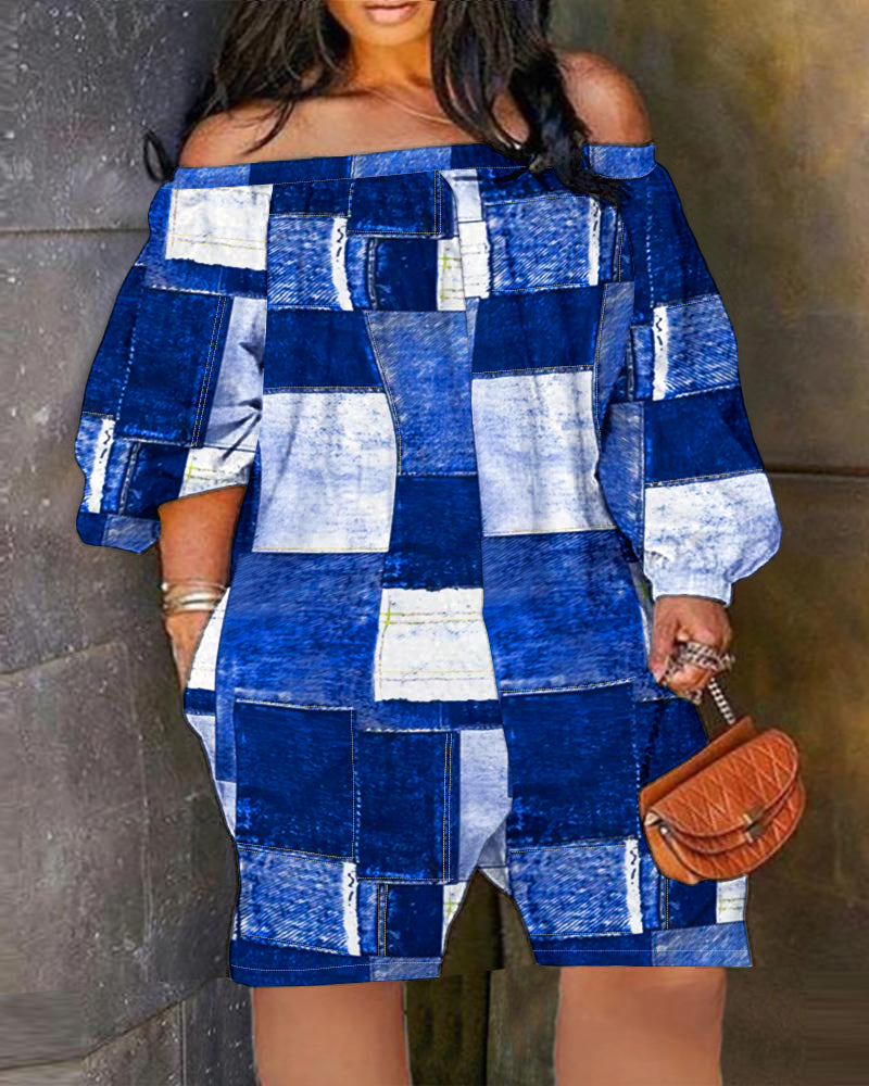 Contrast Block Print Off Shoulder Casual Jumpsuit