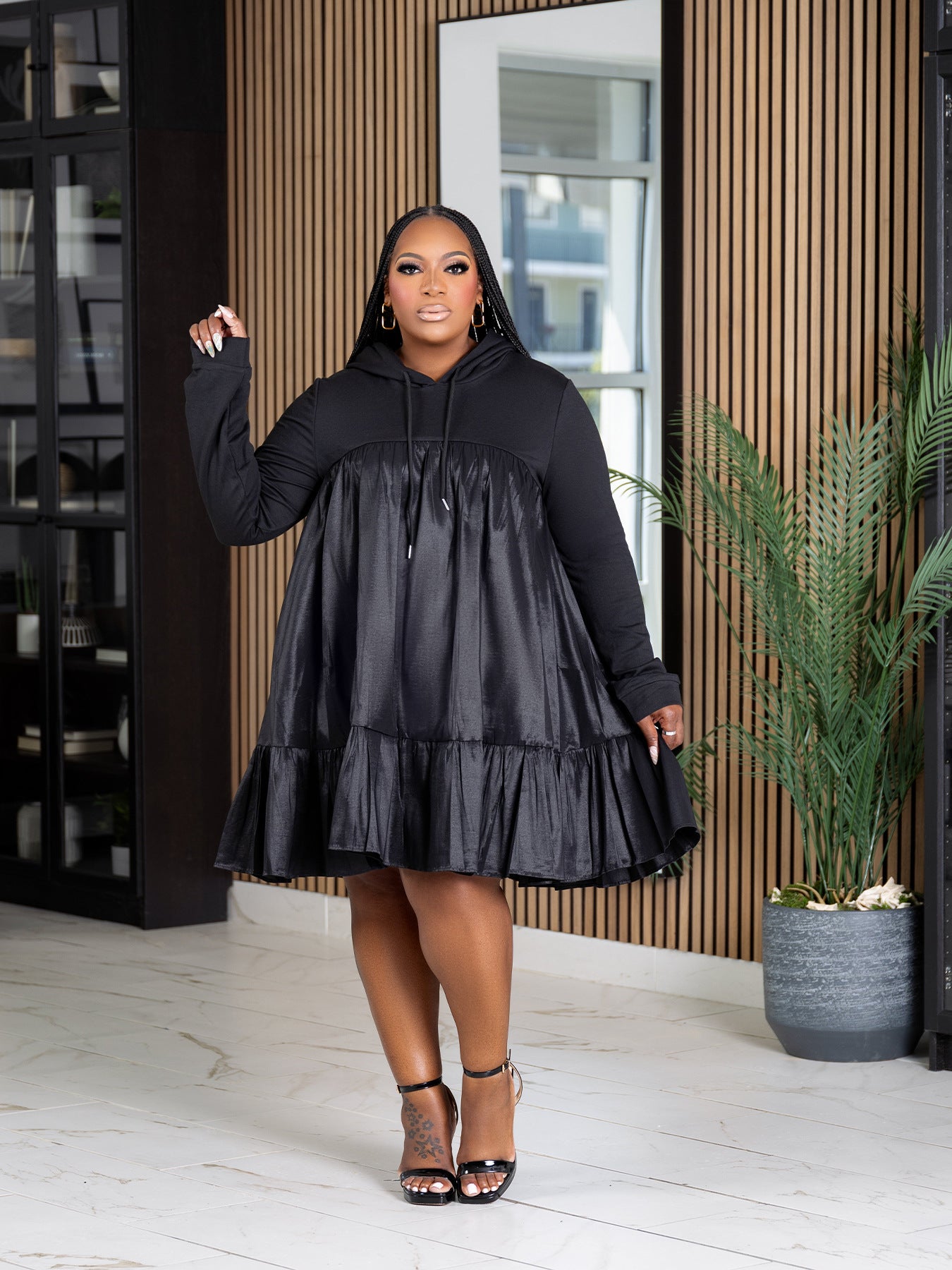 Plus Size Women patchwork hooded long sleeve maxi dress