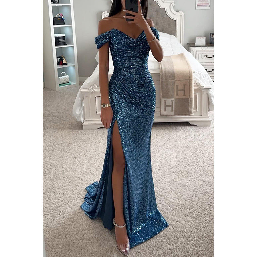 Women Sequin Off Shoulder Slit Dress 13