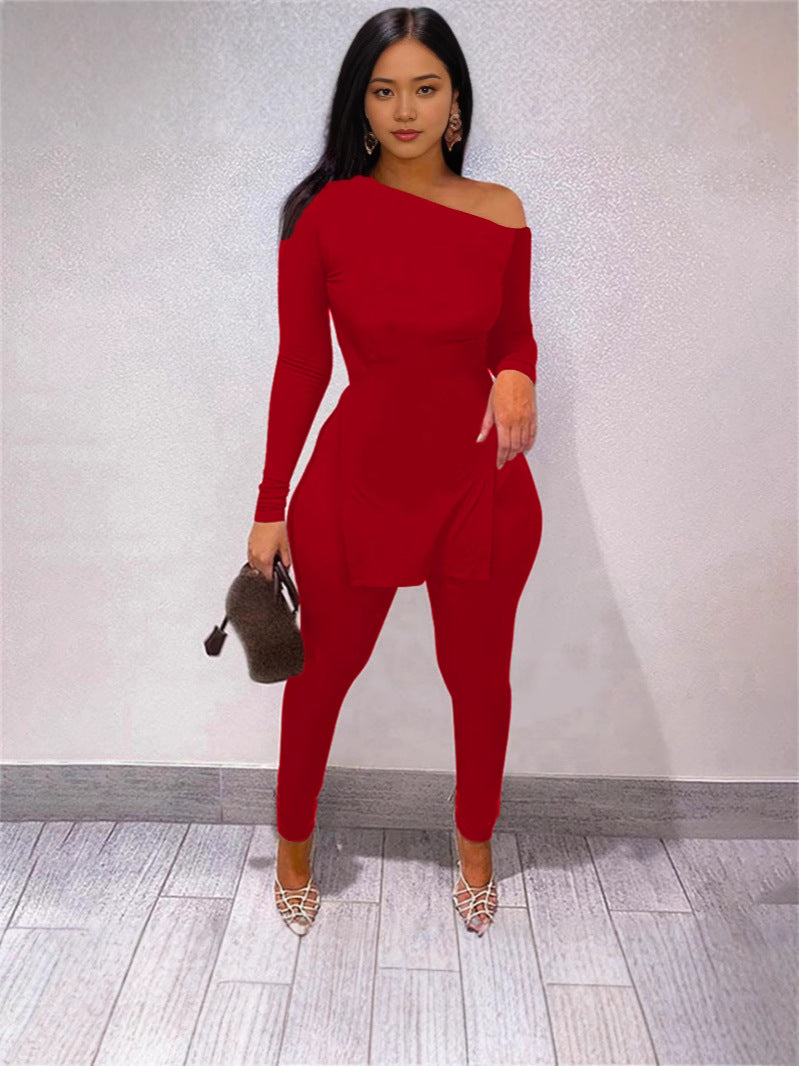Women Patchwork Slit Long Sleeve Top And Pant Casual Two-piece Set