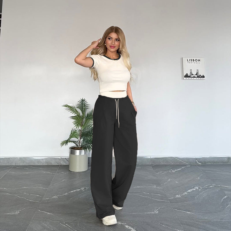 Women's Summer Color-Blocked Round Neck Short Sleeve Casual Pants Set