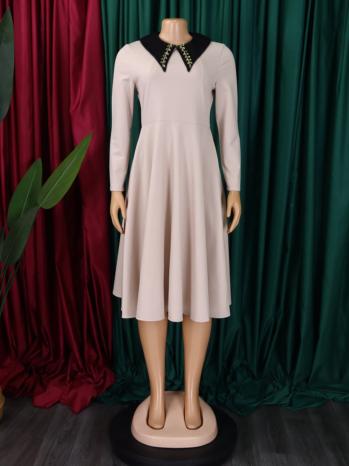 African Women Solid Long Sleeve Turndown Collar Elegant Dress 27