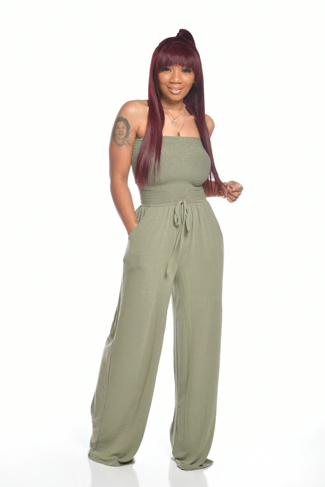 Women's Casual solid color strapless wide leg Jumpsuit 8