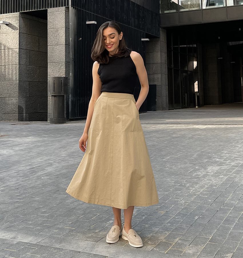 Khaki High Waist Career Long Skirt Autumn Fashion Women's Clothing 3