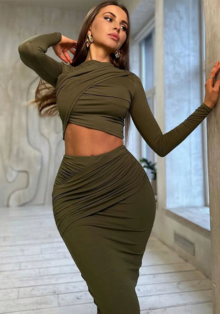 Solid Color Round Neck Irregular Long Sleeve Crop Top Slim Long Skirt Two Piece Set
