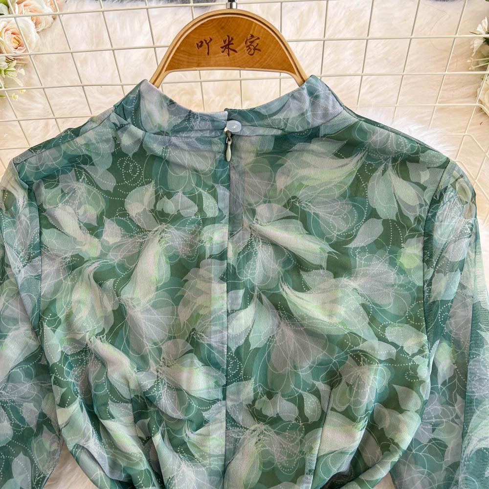 Women French Style Long-Sleeved V-Neck Lace-Up Maxi Print Bodycon Dress 21