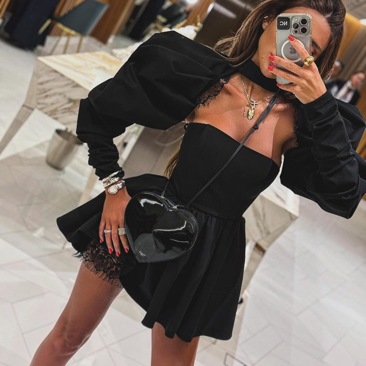 Women Sexy Long Sleeve Strapless Black A-Line Dress 4