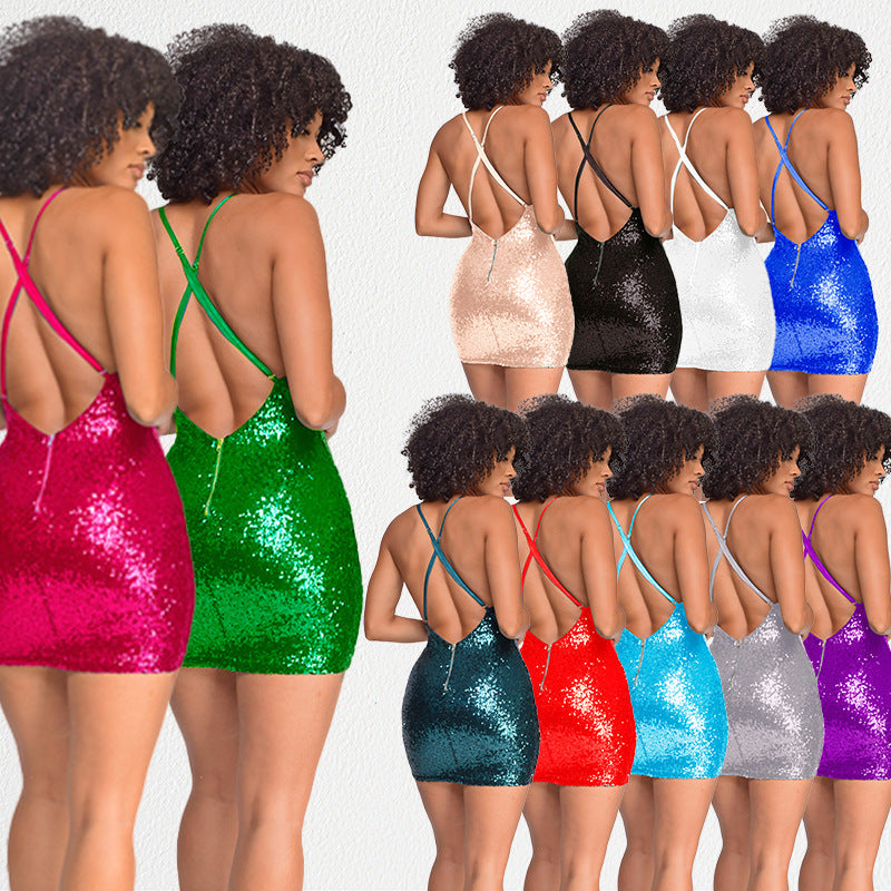Women Sequin Backless Bodycon Hollow Strap Dress 14