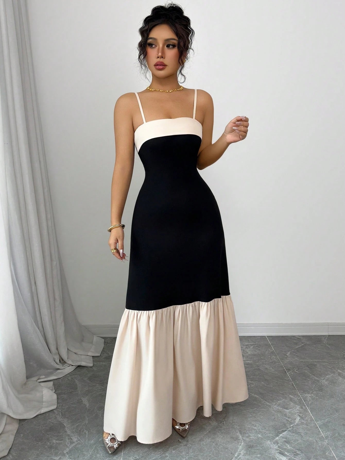 Women Suspender Contrast Patchwork Pleated Dress 3