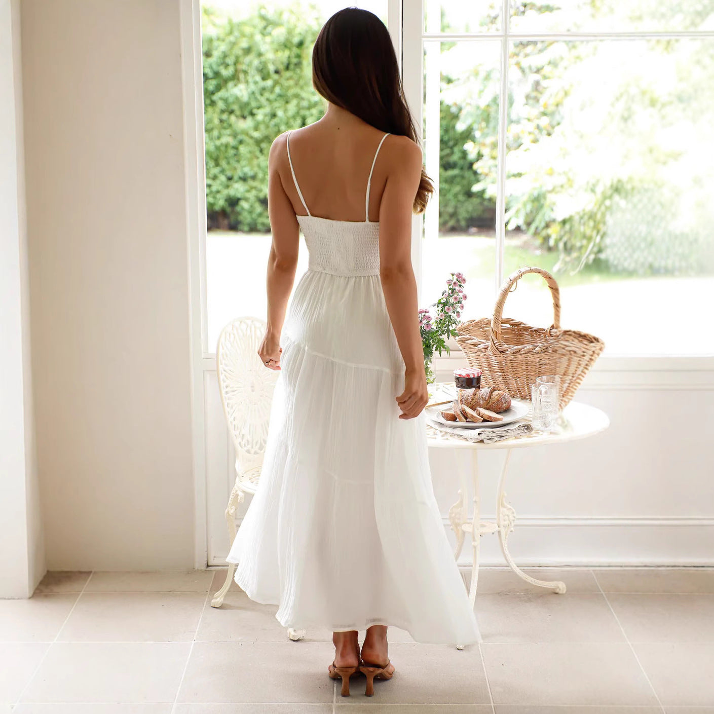 Women Chiffon Sleeveless Patchwork Suspender Backless Lace Dress 4