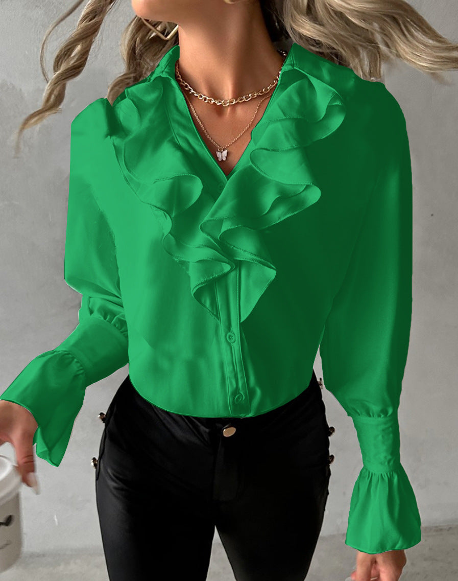 Autumn Fashion Ruffled Long Sleeve V-Neck Solid Color Women's Shirt 5