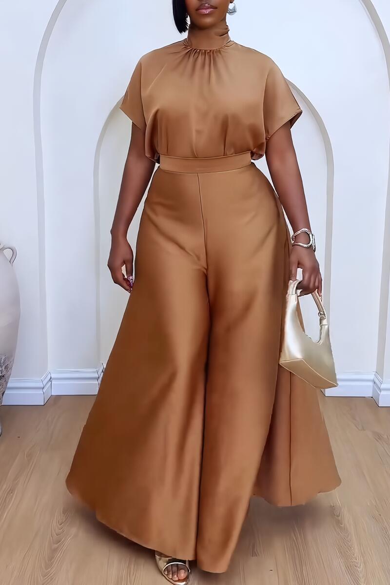 Satin Lace-Up Flying Sleeve Top Wide-Leg Pants Two-Piece Set 3