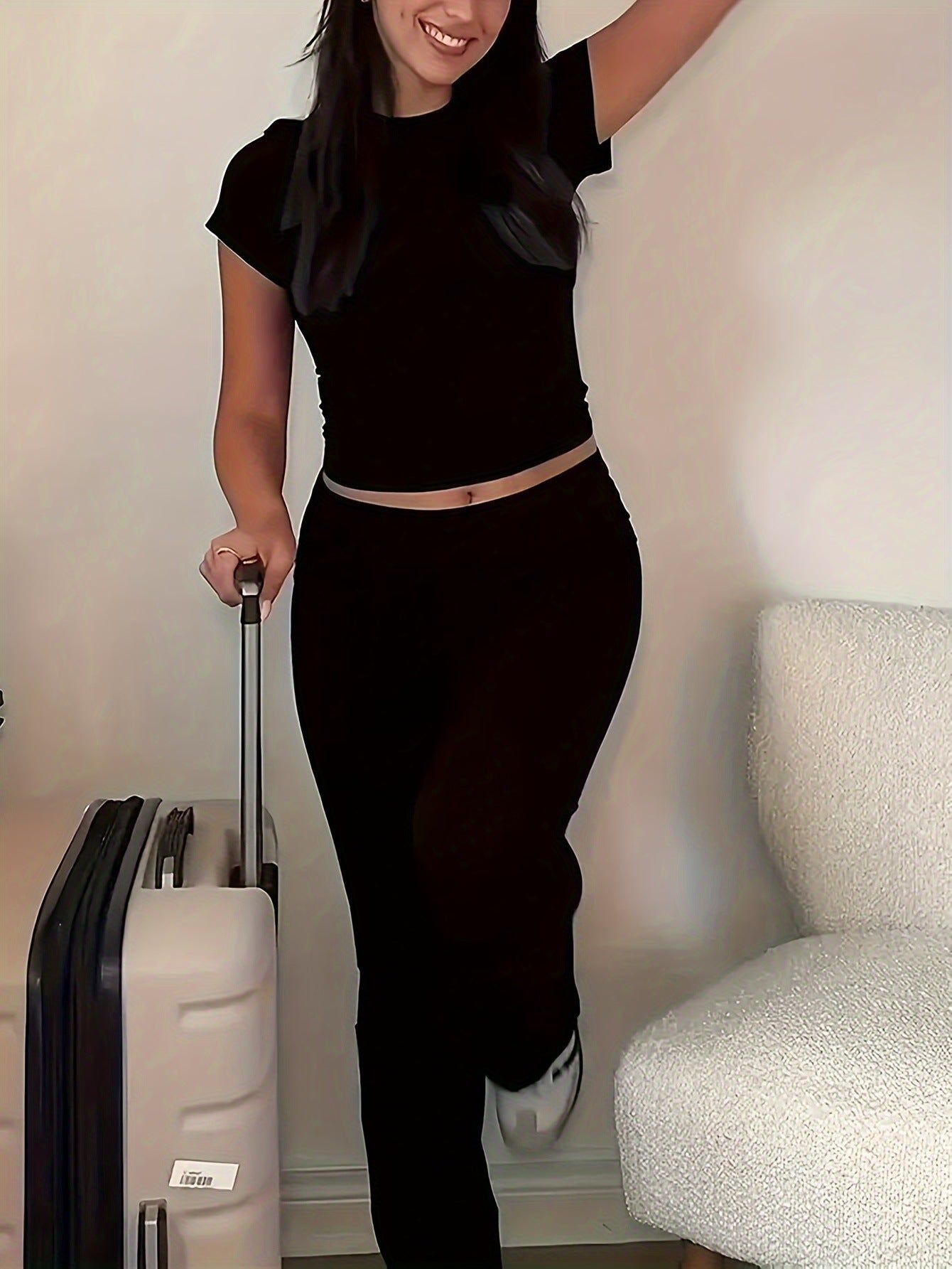 Autumn Women's Round Neck Short Sleeve Top Trousers Two-Piece Set 6