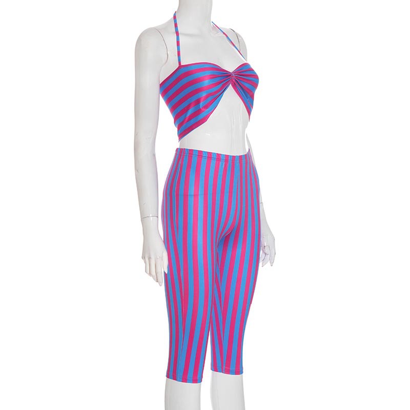 Women Contrast Striped Halter Neck Top and Capri Pants Two-Piece 32