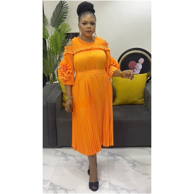 Beaded Cutout-Shoulder Pleated African Chic Loose Dress 6