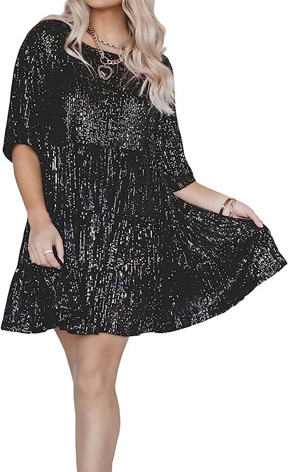Women 's Sequin Half Sleeve Round Neck Ruffle Loose Formal Party Dress 16