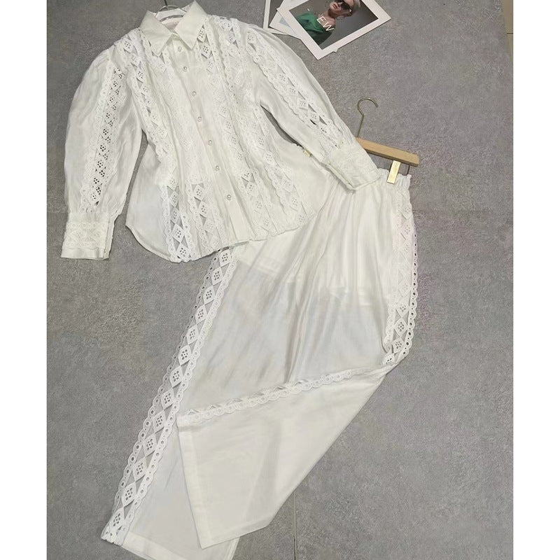 Women Spring Embroidered Hollow Career Shirt and Pants Two-piece Set 5