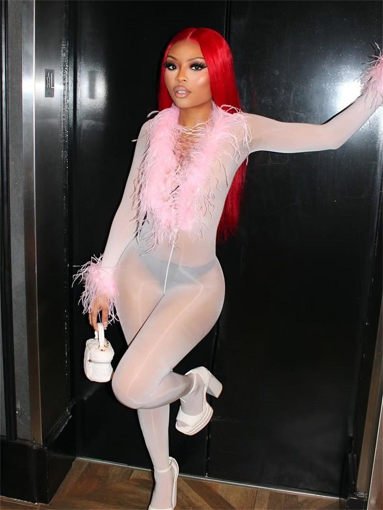 Women's Fashionable Solid Color See-Through Sexy Mesh Fur-Patchwork Nightclub Jumpsuit 9