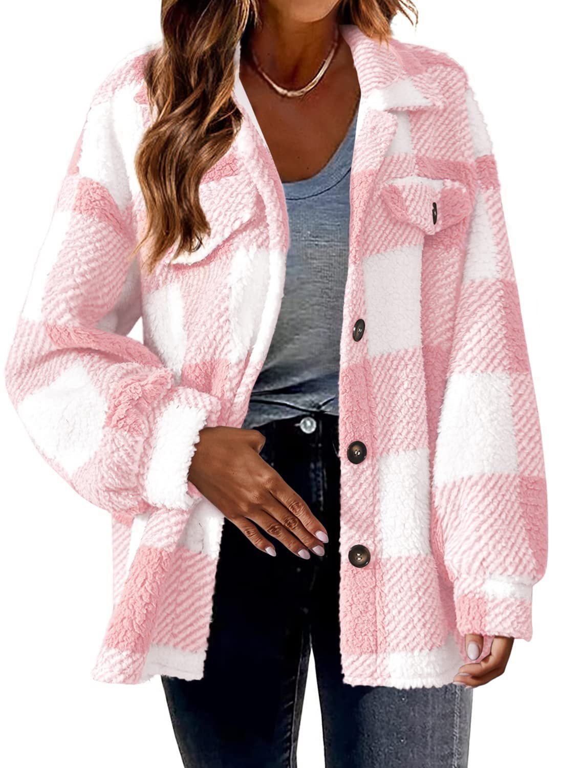 Women's Autumn And Winter Plaid Pockets Button Plush Jacket 10