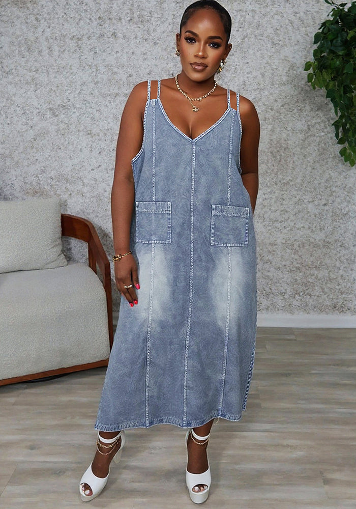 Women Retro Denim Strap Dress