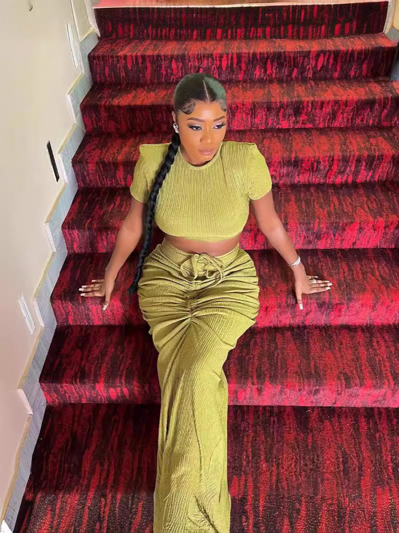 Women sexy pleated short-sleeved top and Drawstring Pleated Skirt Two-piece Set 3