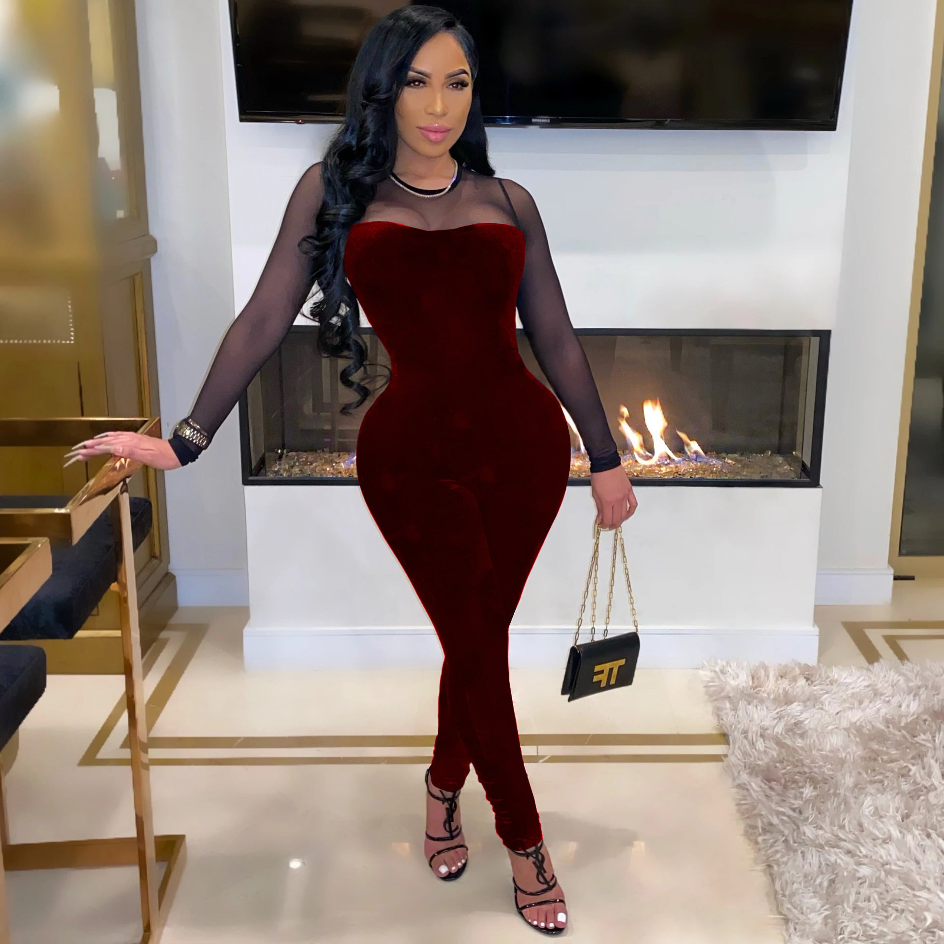 Women Sexy Solid Mesh Patchwork Zip Jumpsuit 4