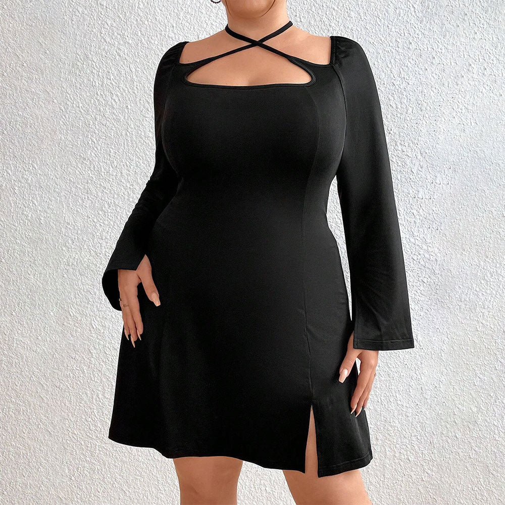 Plus Size Women's Autumn And Winter Slim Fit Slit Long Sleeve Sexy Mini Bodycon Dress 7