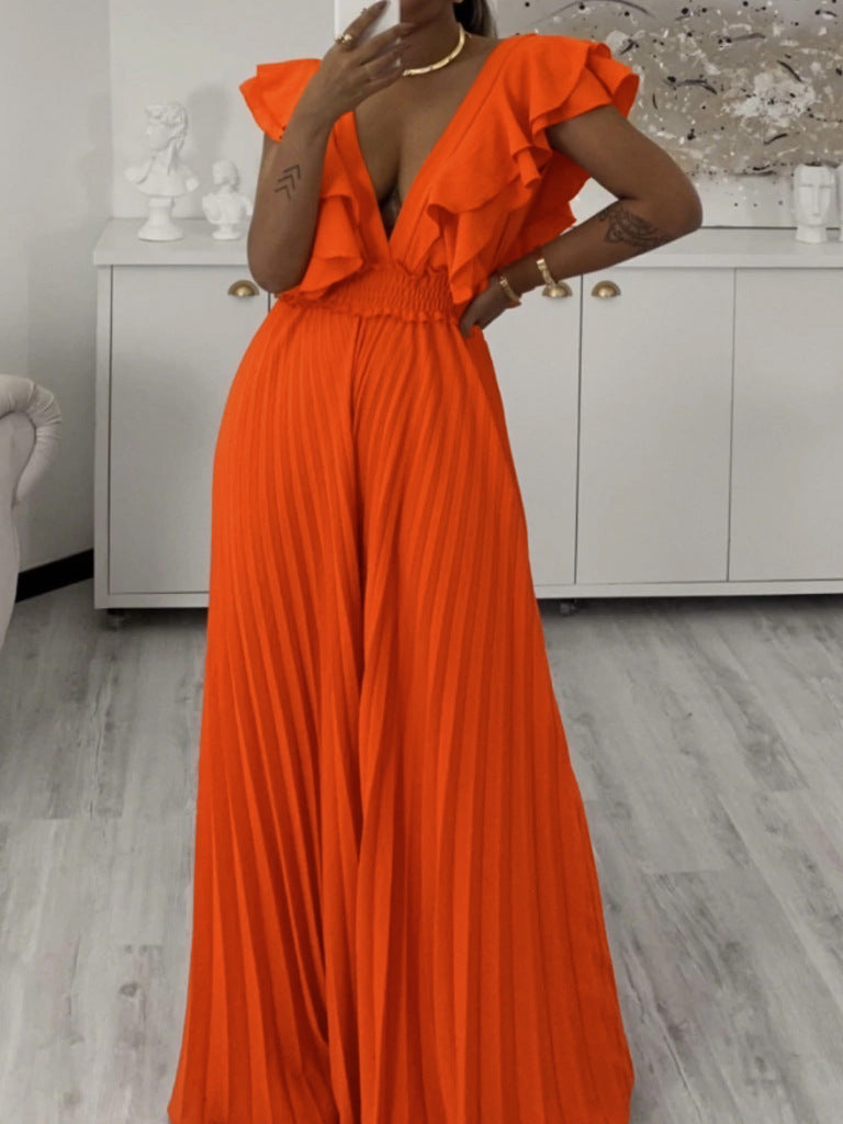 Women's Deep V Neck High Waist Sexy Ruffled Pleat Wide Leg Jumpsuit 6