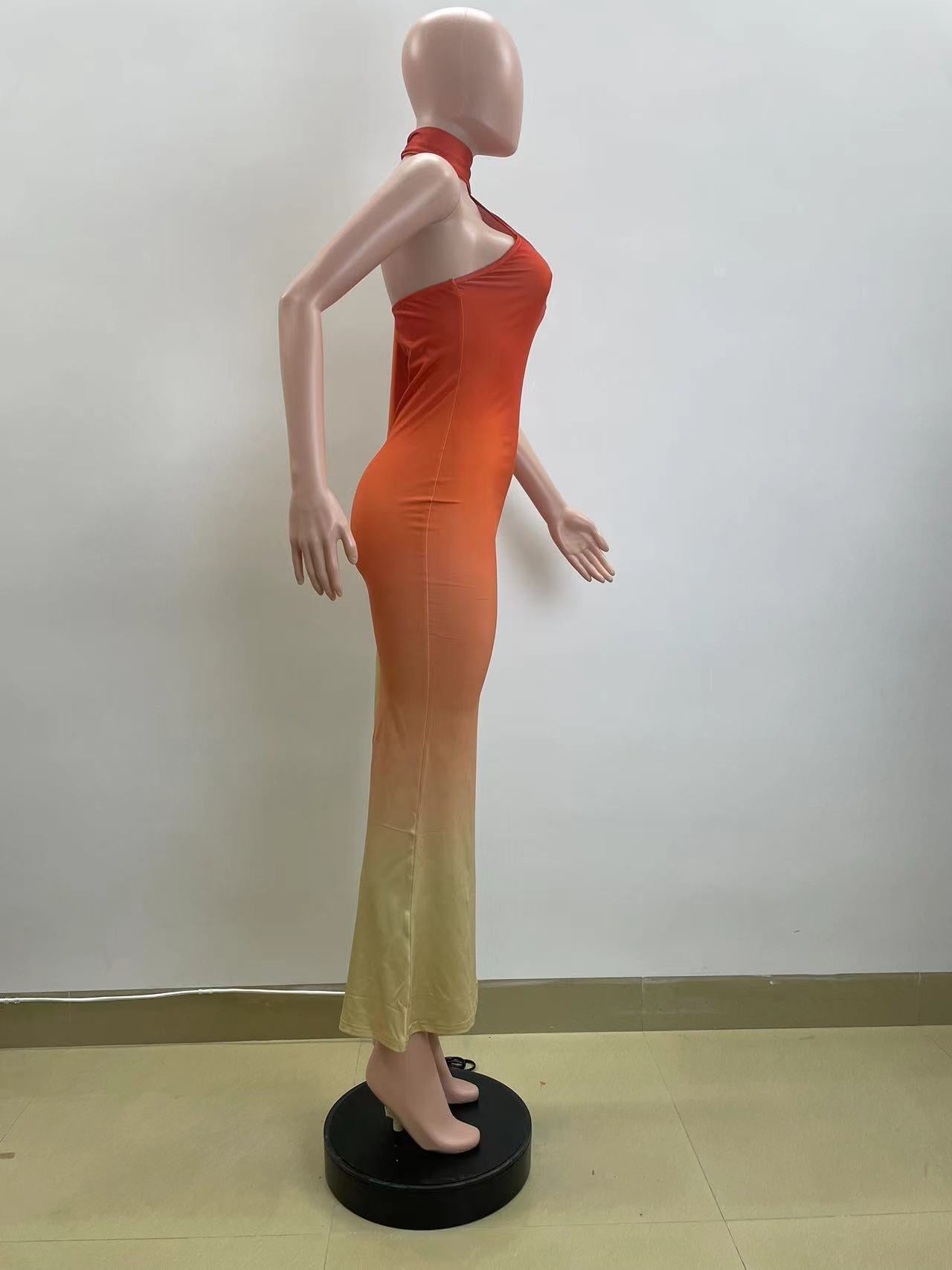 Summer Sexy Halter Neck Slash Shoulder Low Back Gradient Bodycon Dress 7