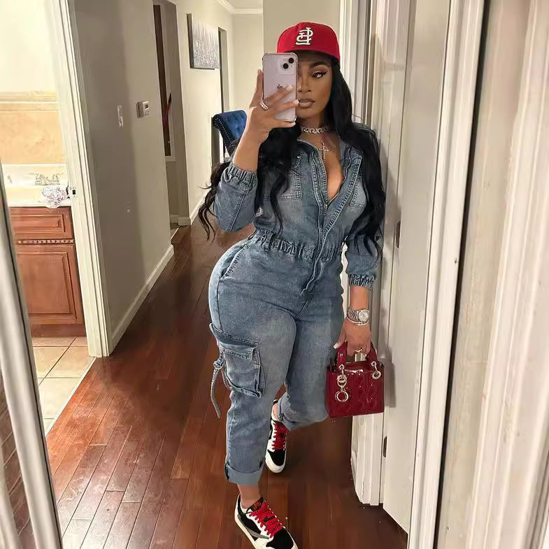 Women Washed Stretch Long Sleeve Denim Jumpsuit 3