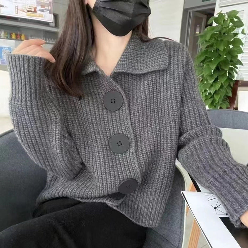 Lazy Style Sweater Jacket Autumn And Winter Loose Turndown Collar Large Button Knitting Cardigan For Women