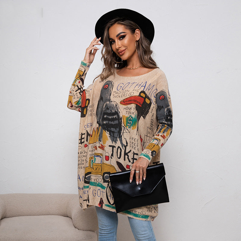 Plus Size Cartoon Print Sweater Long Sleeve Women Casual Pullover Loose Knitting Shirt Top 12