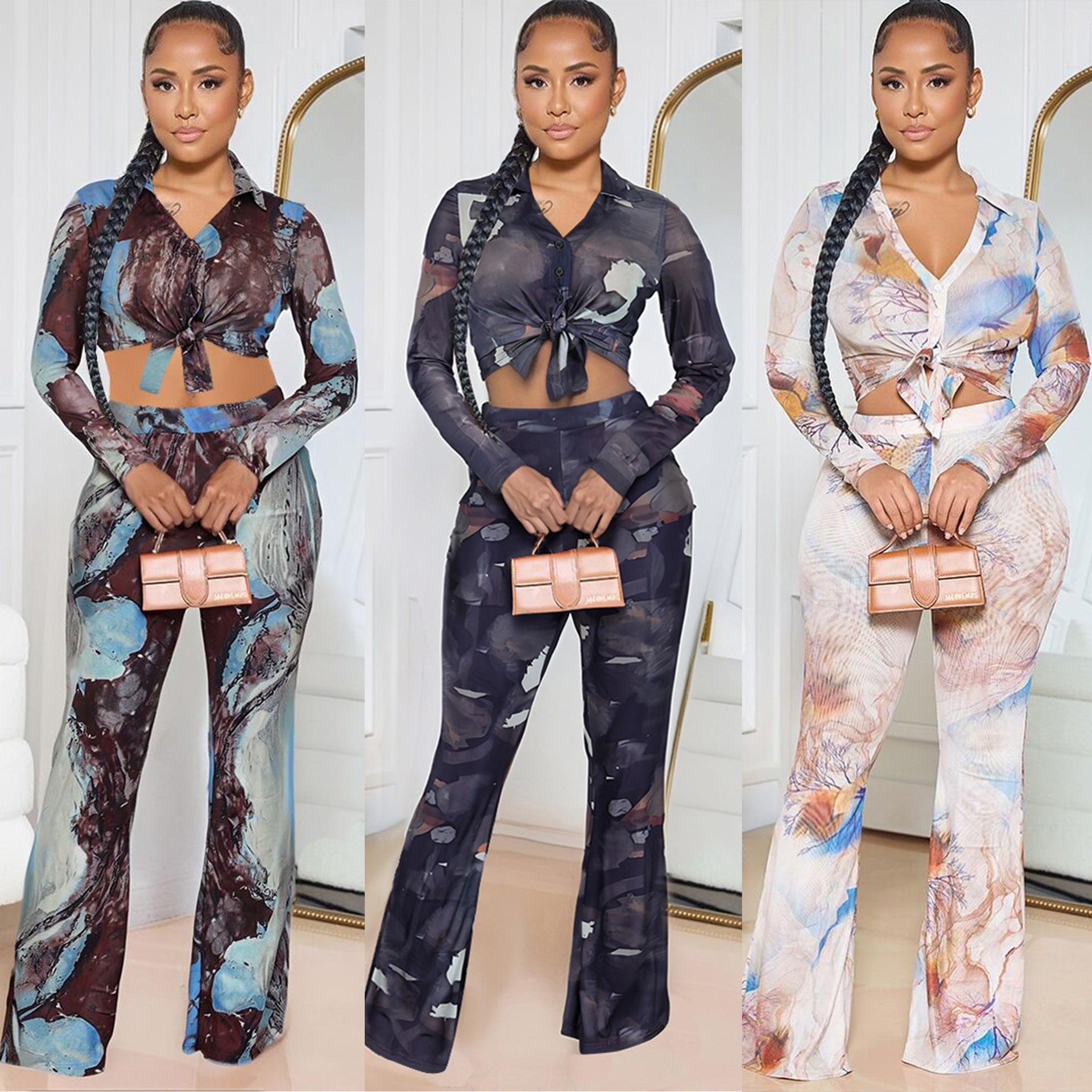 Women Sexy Button Printed Mesh Top and Bell Bottom Pants Two-Piece Set 13