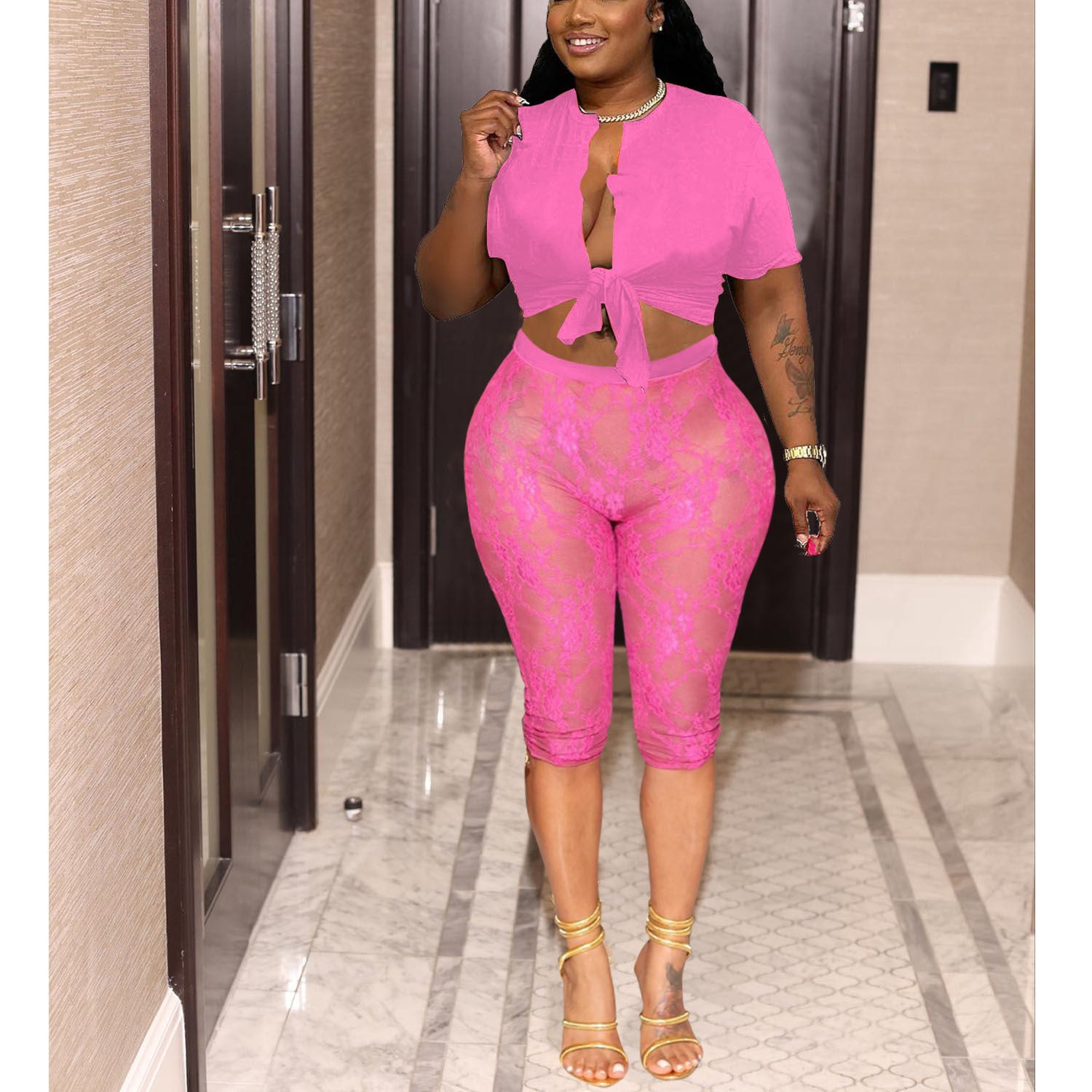 Summer Women Sexy Mesh Top and Shorts Two-piece Set 3