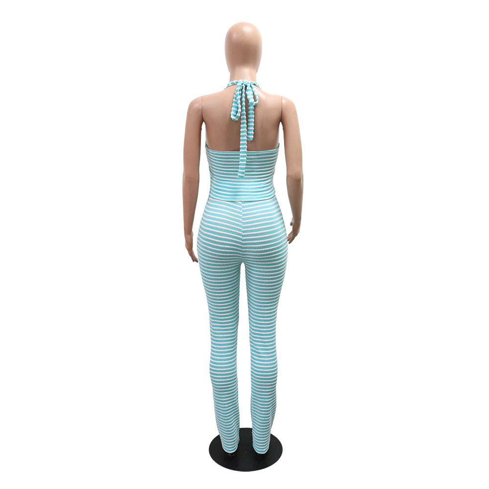 Women jacquard striped lace-up Crop Top and pencil pants two-piece set 10