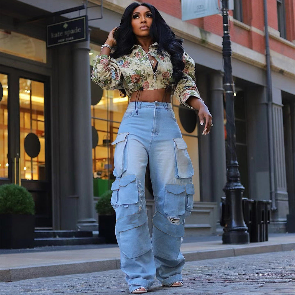 Autumn Crop Drawstring Flower Jacquard Long-Sleeved Women Jacket 5