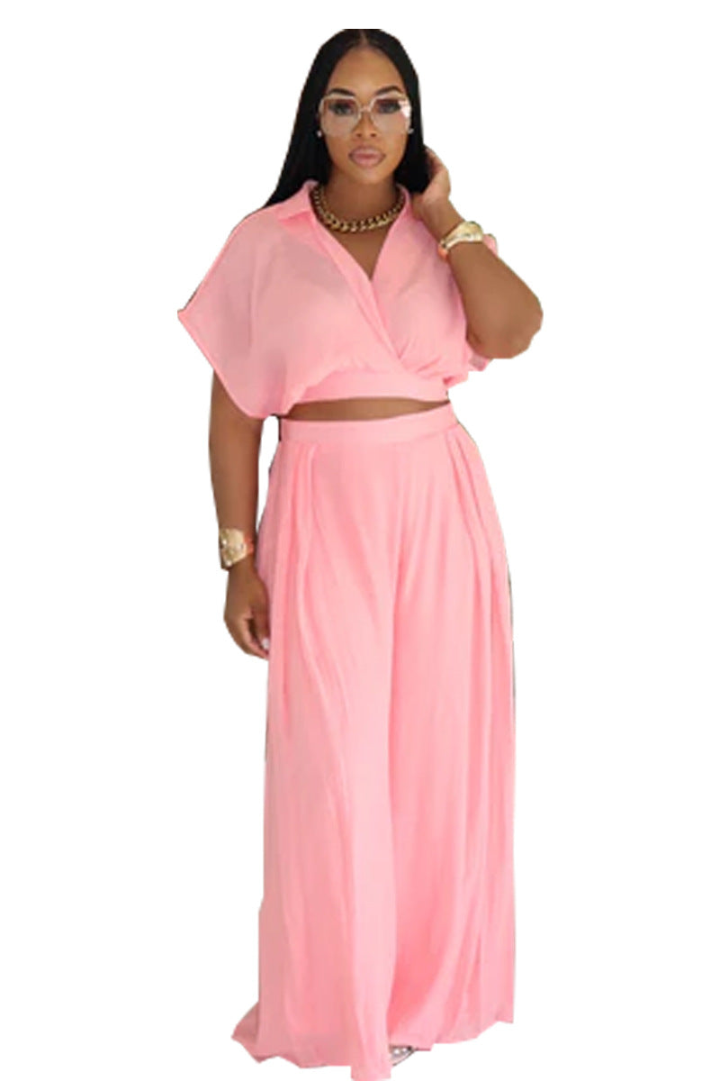 Women african solid turndown collar v neck top wide leg pants two piece set 8