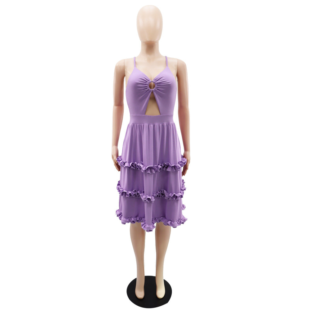 Low Back Halter Chic Ruffle Edge Sexy Slim Straps Women's Dress 13