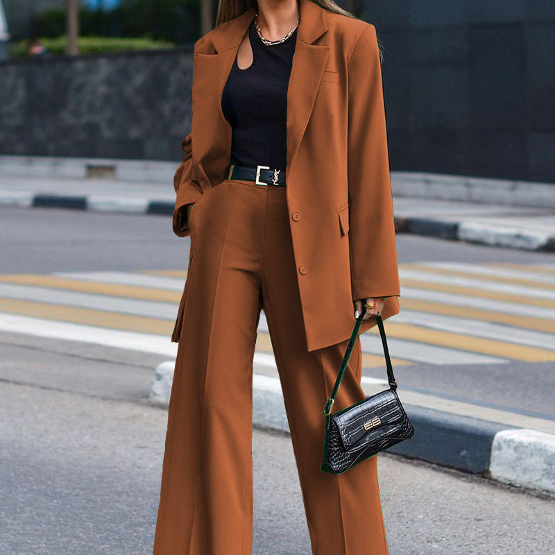 Women Solid Long Sleeve Suit and Wide Leg Pants Two Piece Set 3