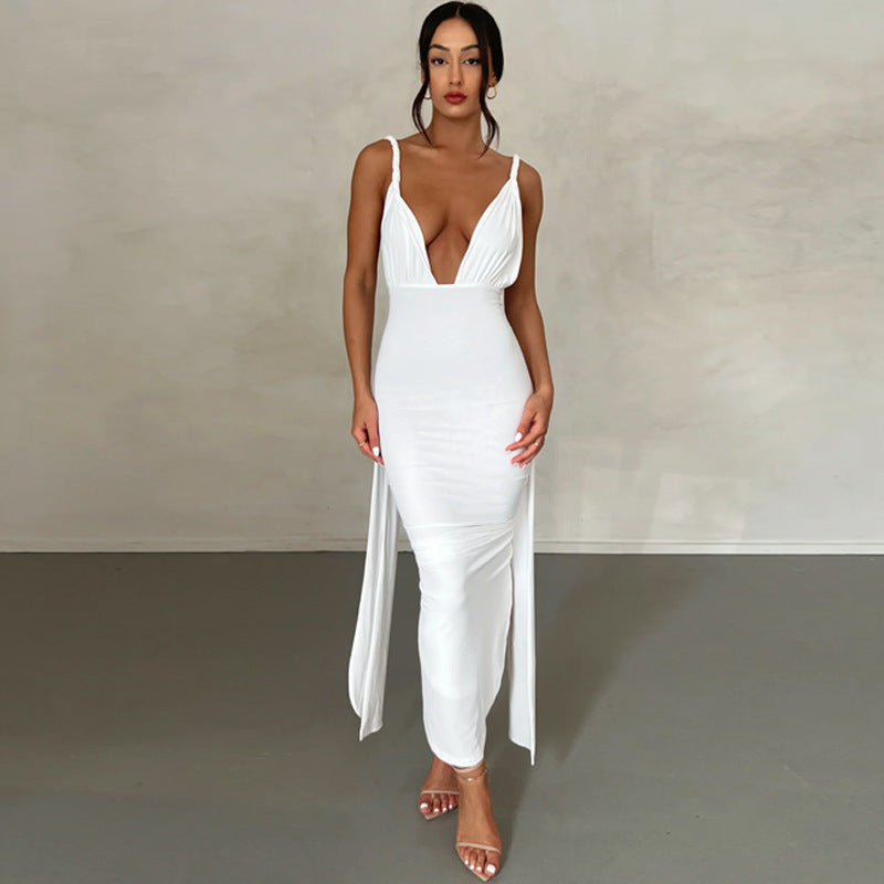 Ladies Summer Fashion Sexy Deep V Low Back Pleated Slit Dress