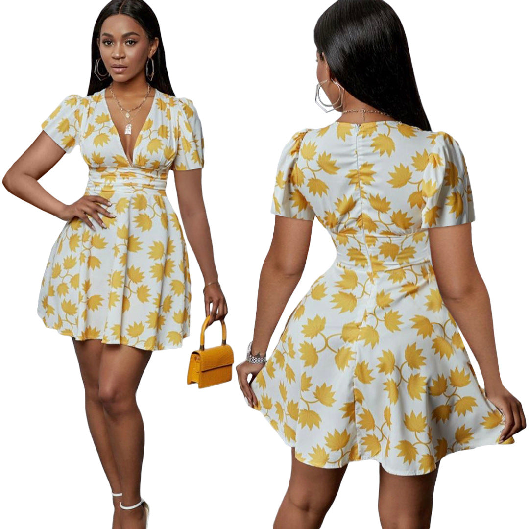 Deep V Neck Slim Waist Pleated Dress 9